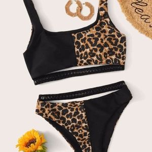 Contrast Leopard Hollow-Out Trim Bikini Swimsuit
